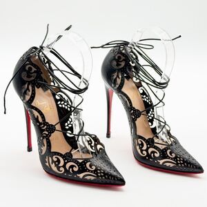 Christian Louboutin Impera 120 Black Laser-Cut Leather Ankle Tie Pump EU 38 US8